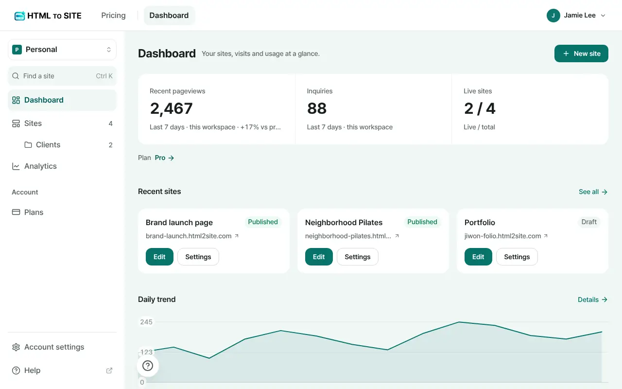 HTMLtoSITE dashboard — your sites and visits