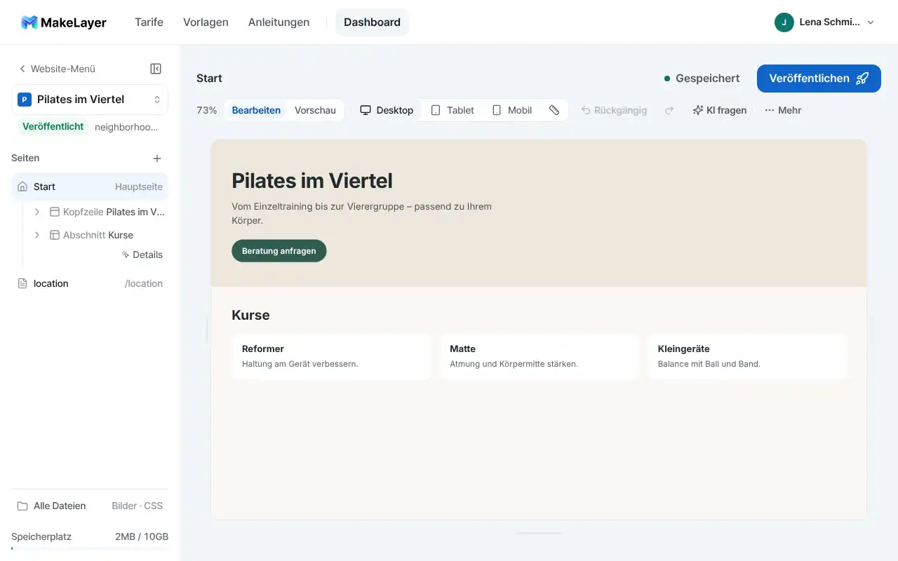Eine Pilates-Studio-Website im MakeLayer-Editor bearbeiten