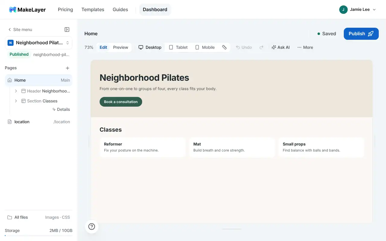 Editing a Pilates studio website in the MakeLayer editor
