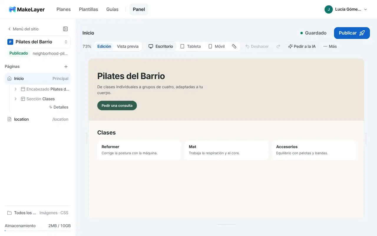 Editando la web de un estudio de pilates en el editor de MakeLayer