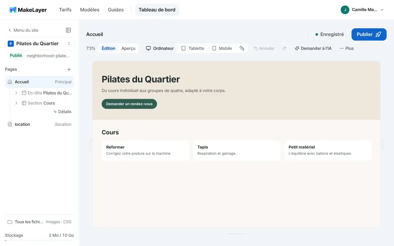 Modification du site d'un studio de Pilates dans l'éditeur MakeLayer