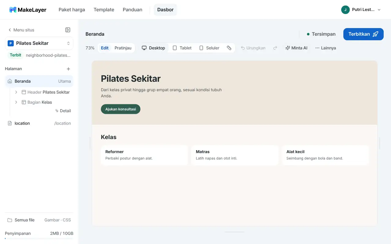 Mengedit situs studio pilates di editor MakeLayer