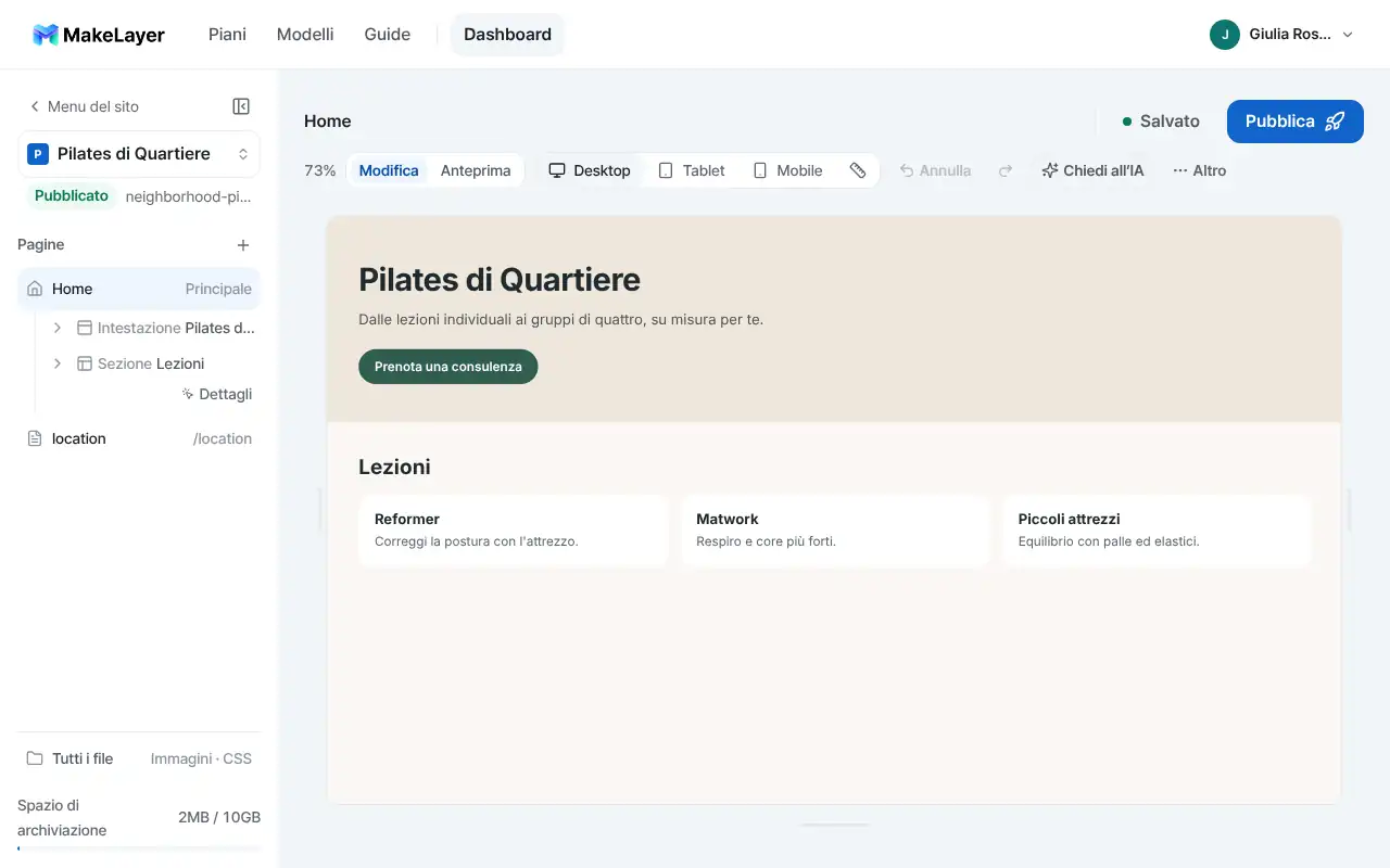 Modifica del sito di uno studio di pilates nell'editor di MakeLayer