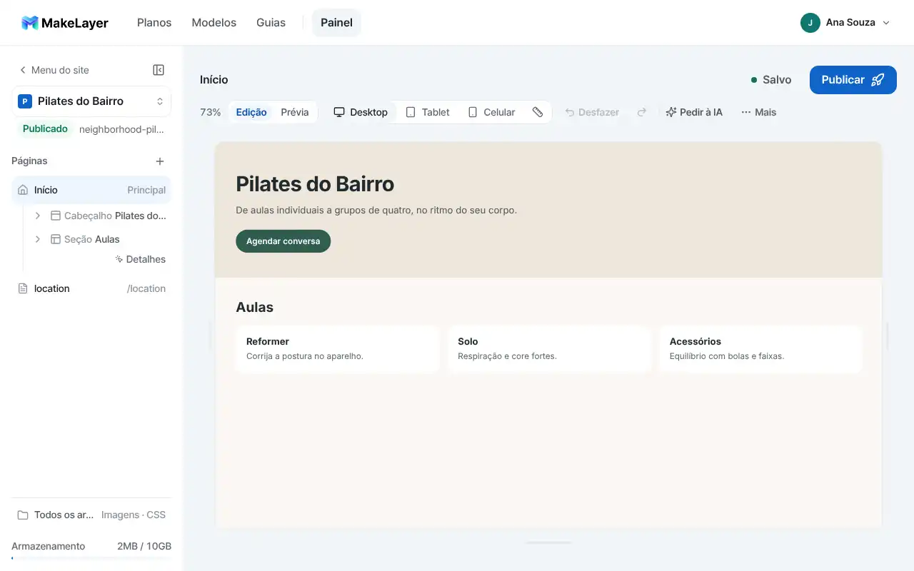 Editando o site de um estúdio de pilates no editor do MakeLayer