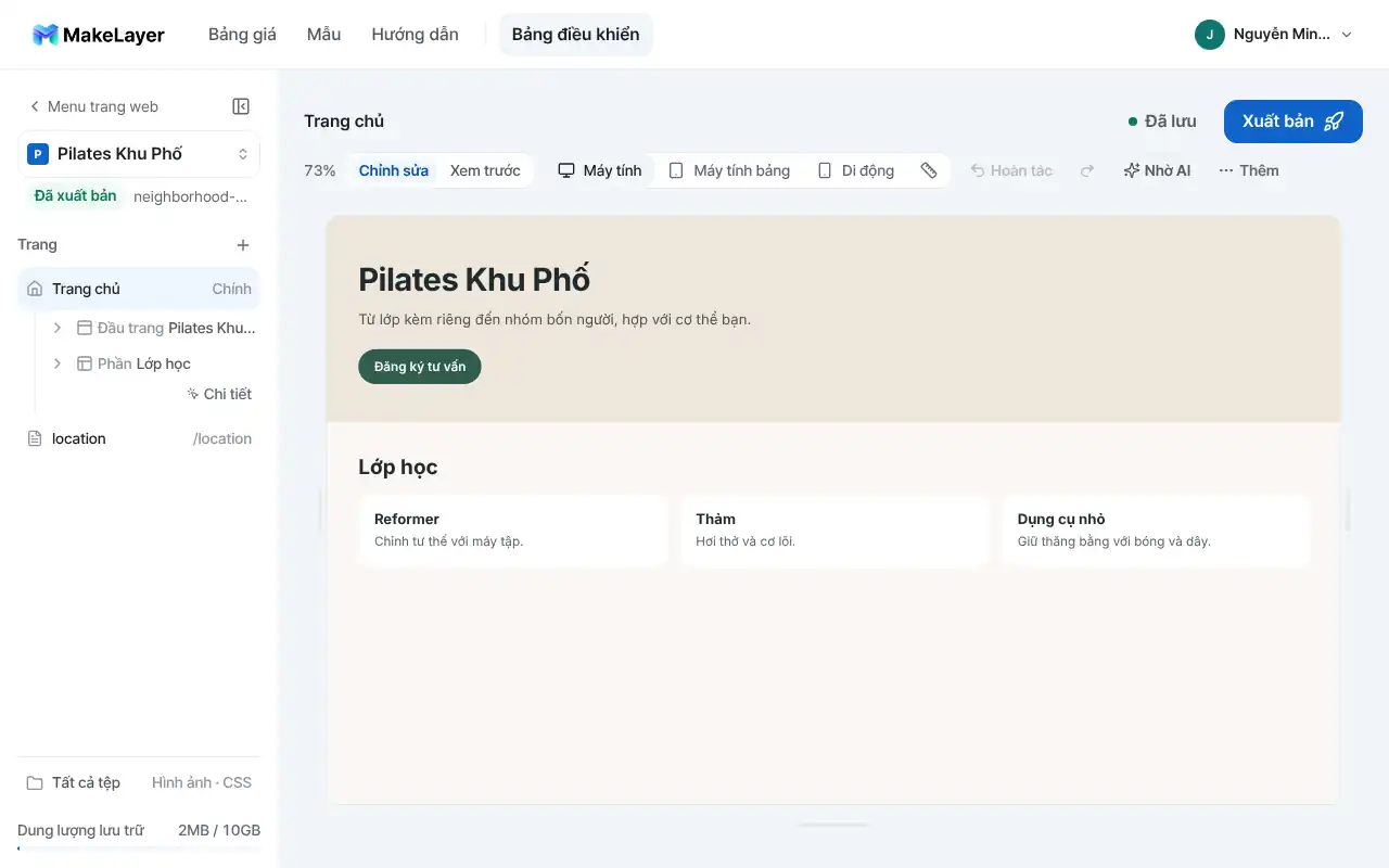 Chỉnh sửa trang web phòng tập pilates trong trình chỉnh sửa MakeLayer
