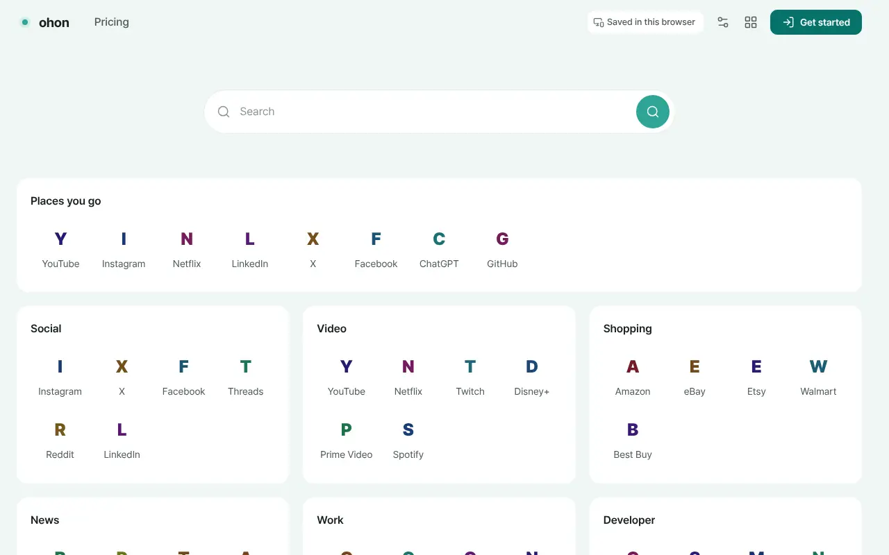 Ohon start page — search and the places you go