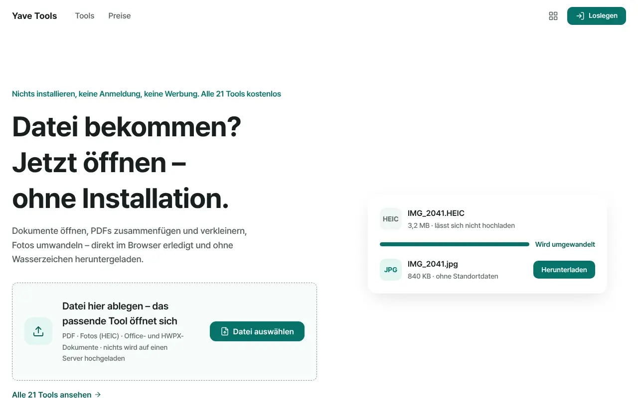 Yave Tools – Datei ablegen, das passende Werkzeug öffnet sich