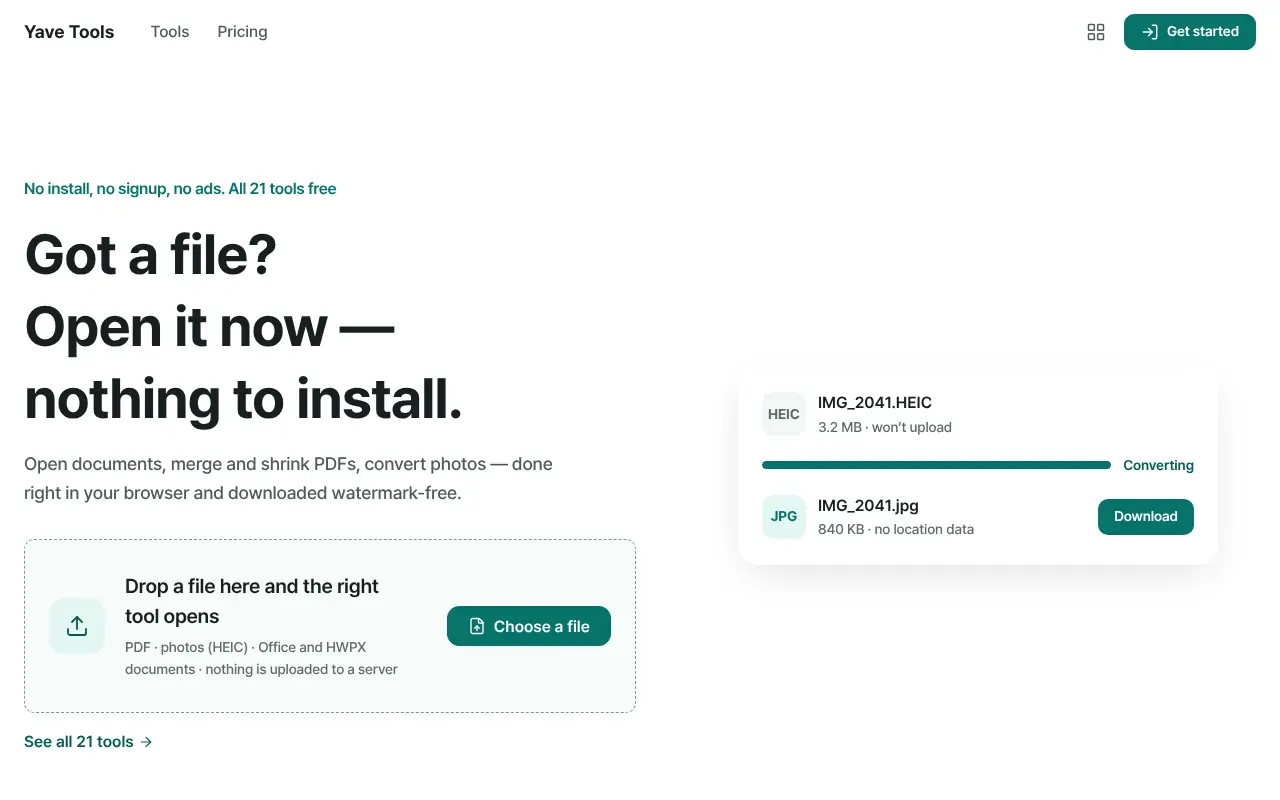 Yave Tools home — drop a file and the right tool opens
