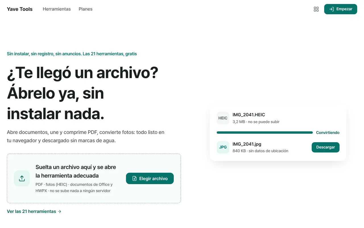 Inicio de Yave Tools: suelta un archivo y se abre la herramienta adecuada