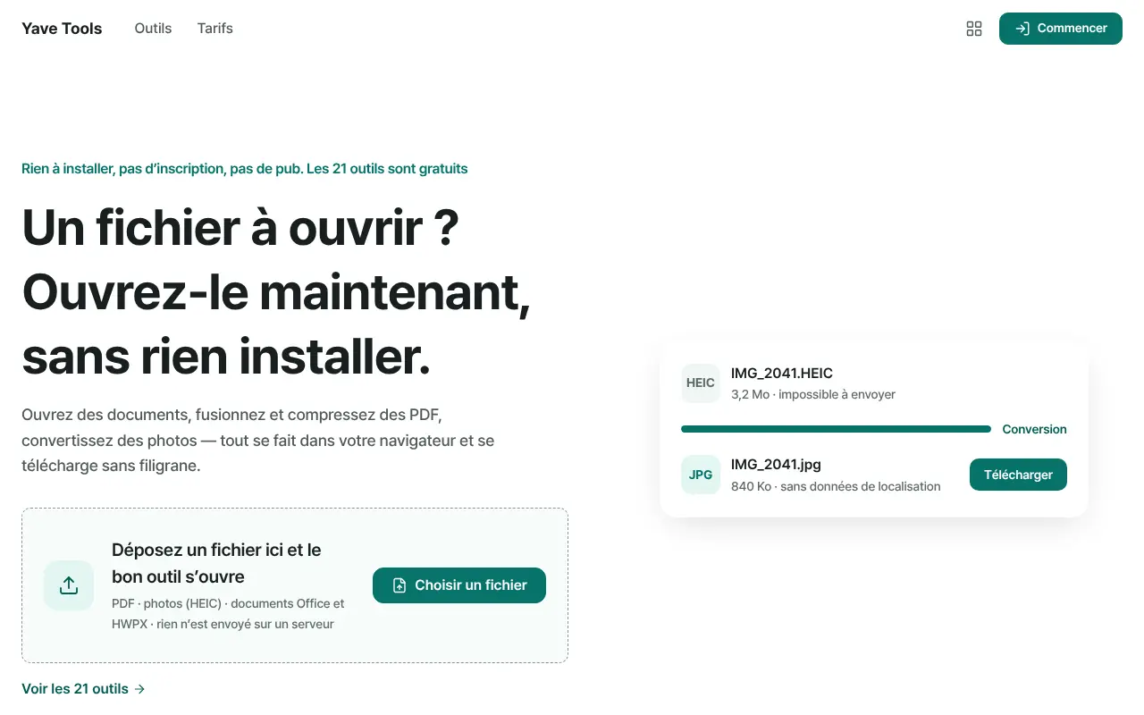 Accueil Yave Tools : déposez un fichier, le bon outil s'ouvre