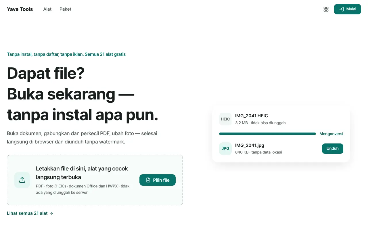 Beranda Yave Tools — letakkan file dan alat yang tepat terbuka