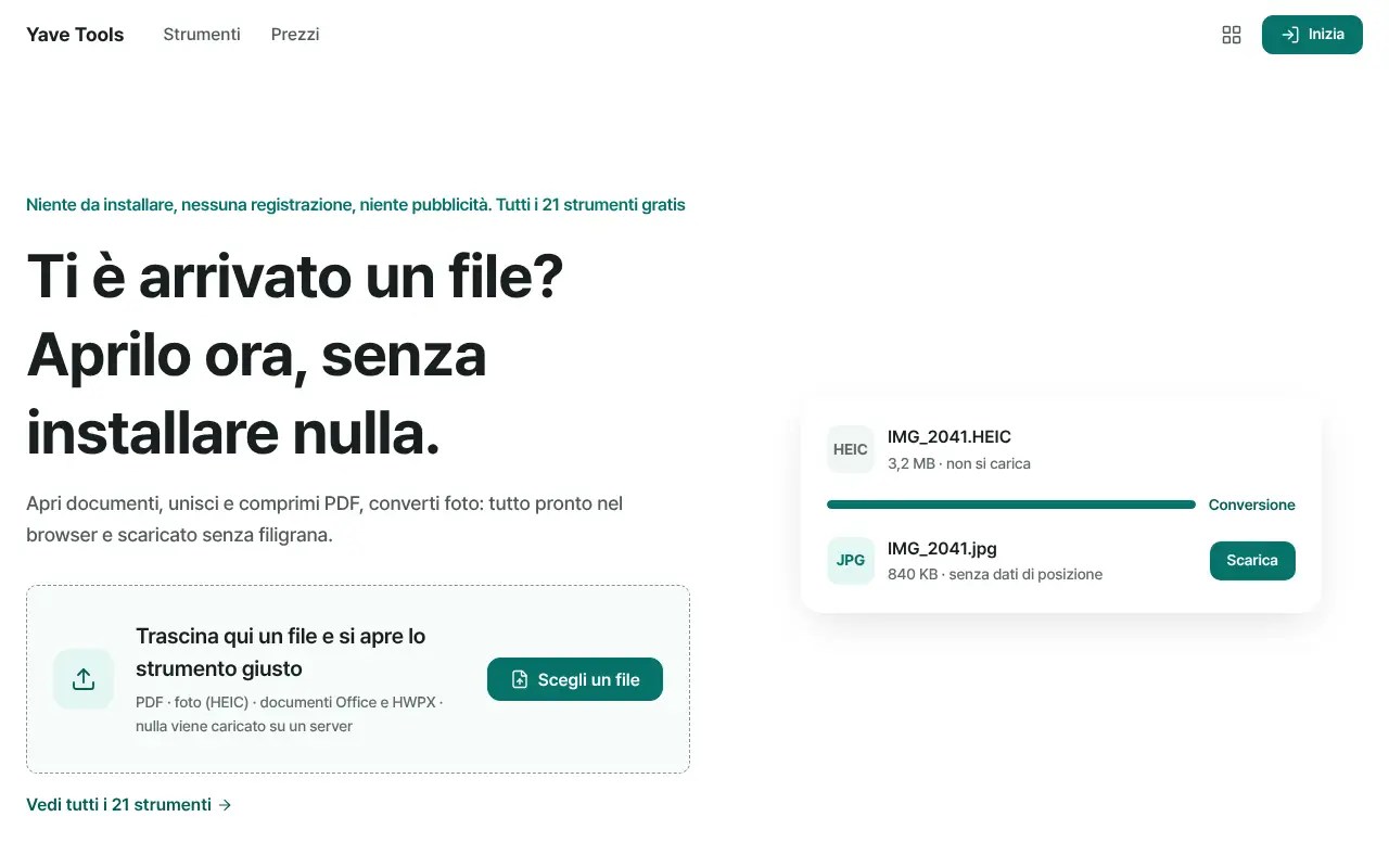 Home di Yave Tools: trascina un file e si apre lo strumento giusto