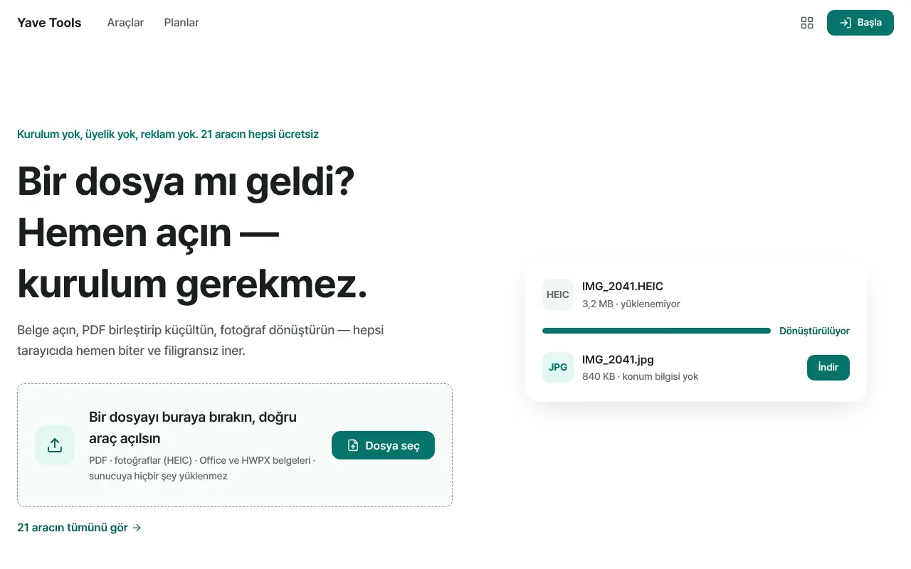 Yave Tools ana sayfası — dosyayı bırakın, doğru araç açılır