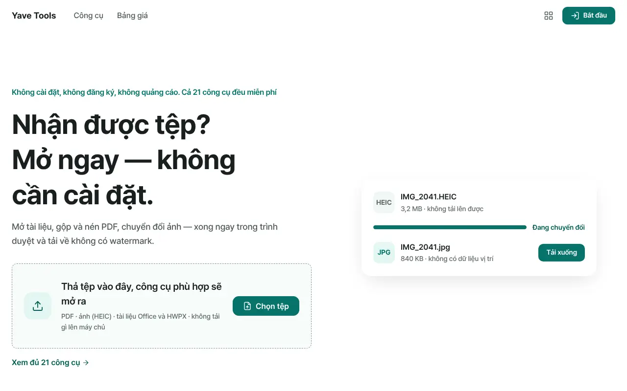 Trang chủ Yave Tools — thả tệp vào là công cụ phù hợp mở ra